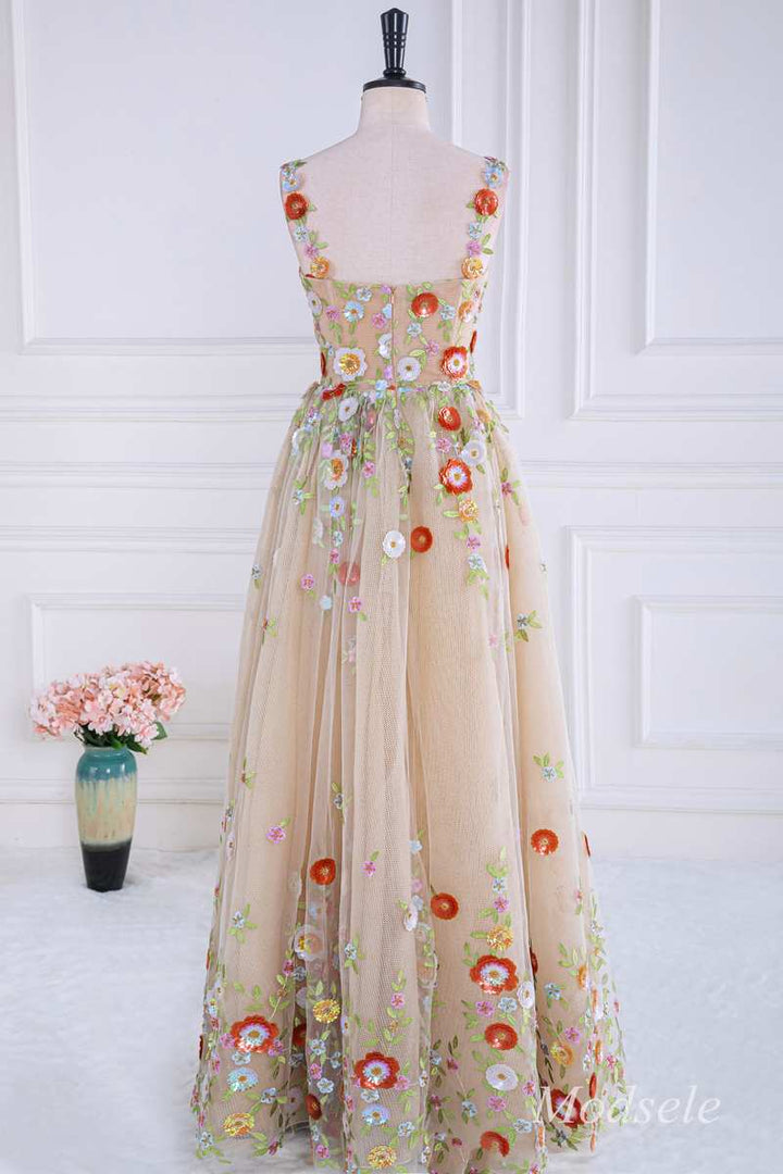 Nude Sequin Appliques Sweetheart A-Line Long Prom Dress