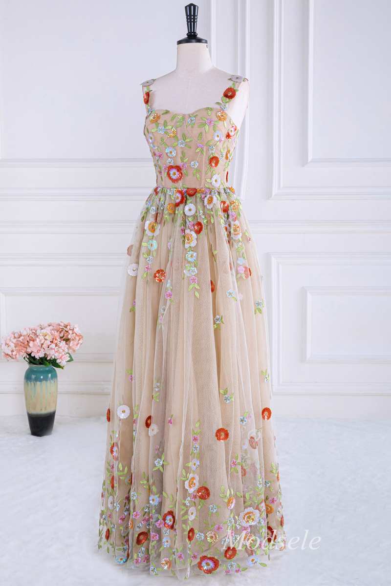 Nude Sequin Appliques Sweetheart A-Line Long Prom Dress