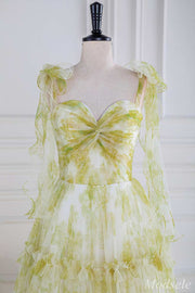 Yellow Print Twisted Knot Ruffle A-Line Long Prom Dress