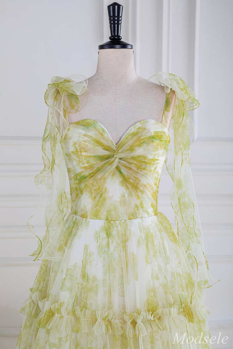 Yellow Print Twisted Knot Ruffle A-Line Long Prom Dress Modsele Yellow Print Twisted Knot Ruffle A-Line Long Prom Dress Modsele