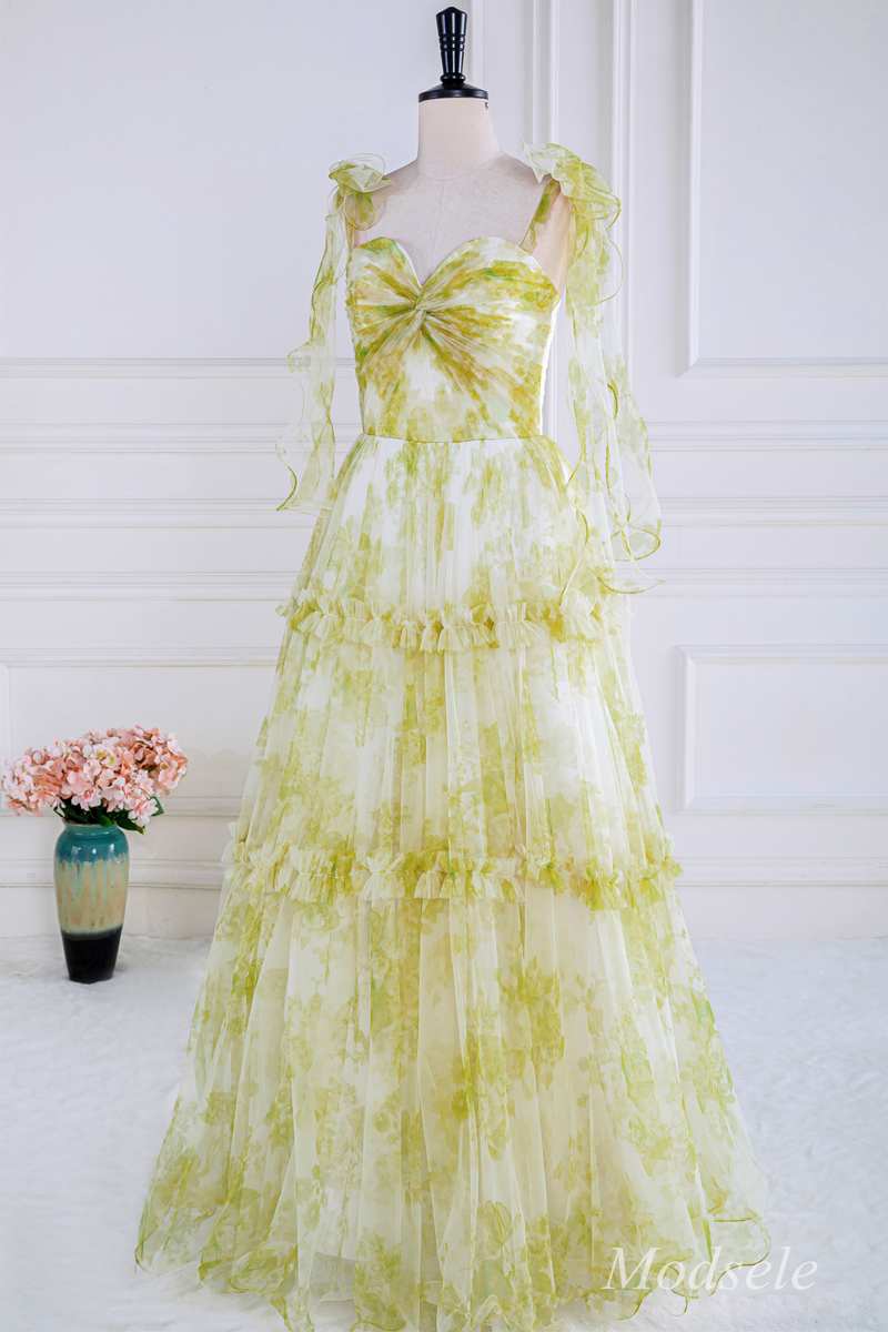 Yellow Print Twisted Knot Ruffle A-Line Long Prom Dress Modsele Yellow Print Twisted Knot Ruffle A-Line Long Prom Dress Modsele