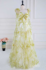 Yellow Print Twisted Knot Ruffle A-Line Long Prom Dress