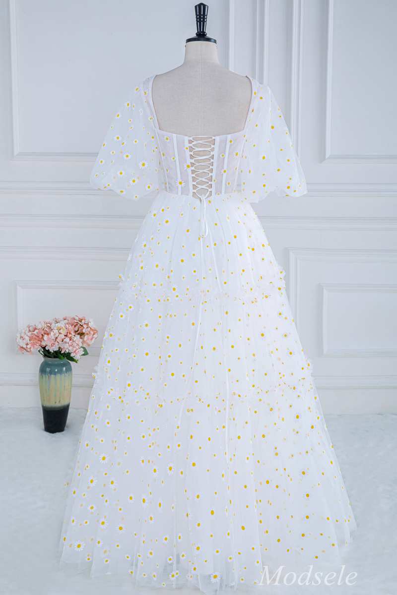 White Daisy Print Square Neck Puff Sleeve A-Line Long Prom Dress