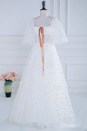 White Daisy Print Square Neck Puff Sleeve A-Line Long Prom Dress