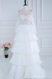 White Beaded Strapless Ruffle Tiered Long Prom Dress