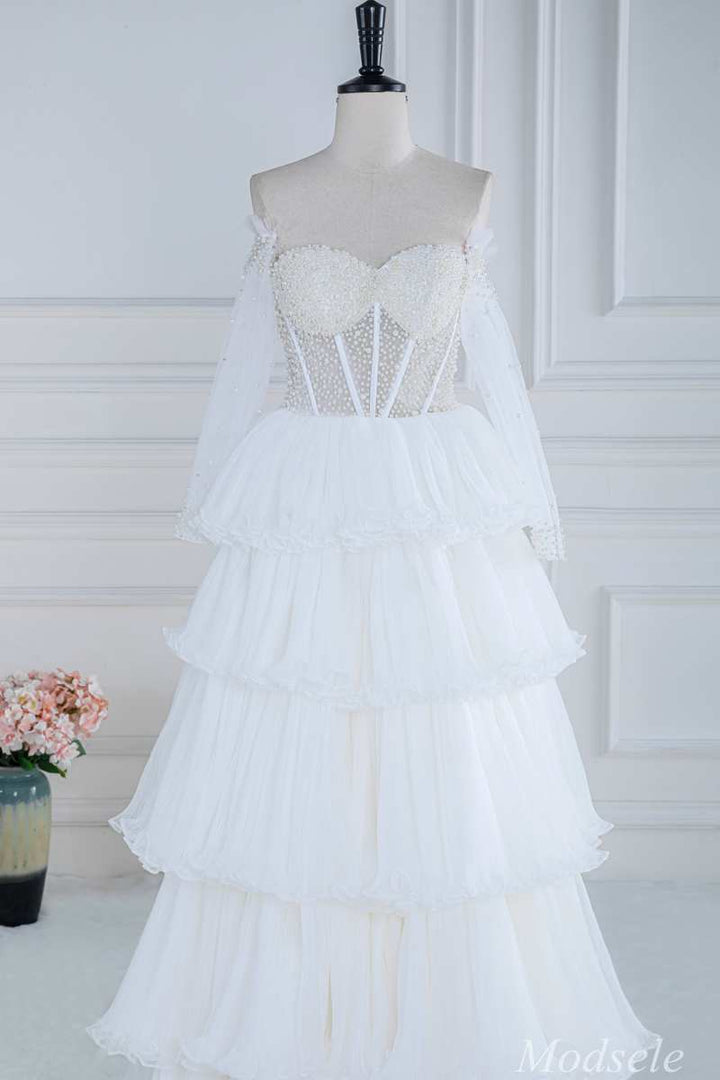 White Beaded Strapless Ruffle Tiered Long Prom Dress