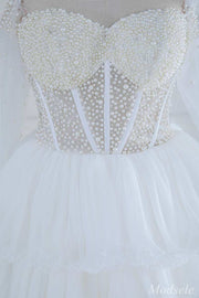 White Beaded Strapless Ruffle Tiered Long Prom Dress