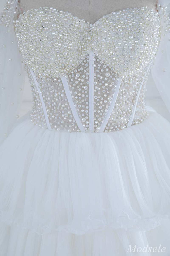 White Beaded Strapless Ruffle Tiered Long Prom Dress