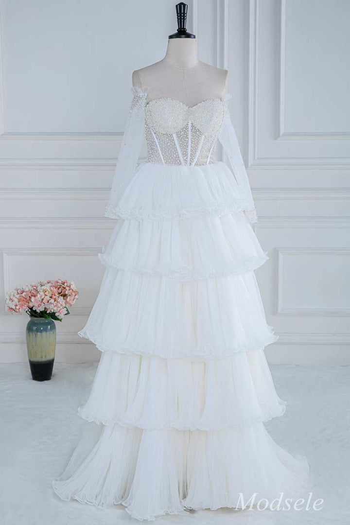 White Beaded Strapless Ruffle Tiered Long Prom Dress
