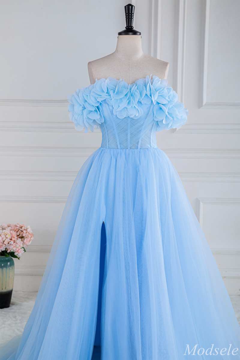 Blue Floral Petal Appliques Off-the-Shoulder A-Line Long Prom Dress