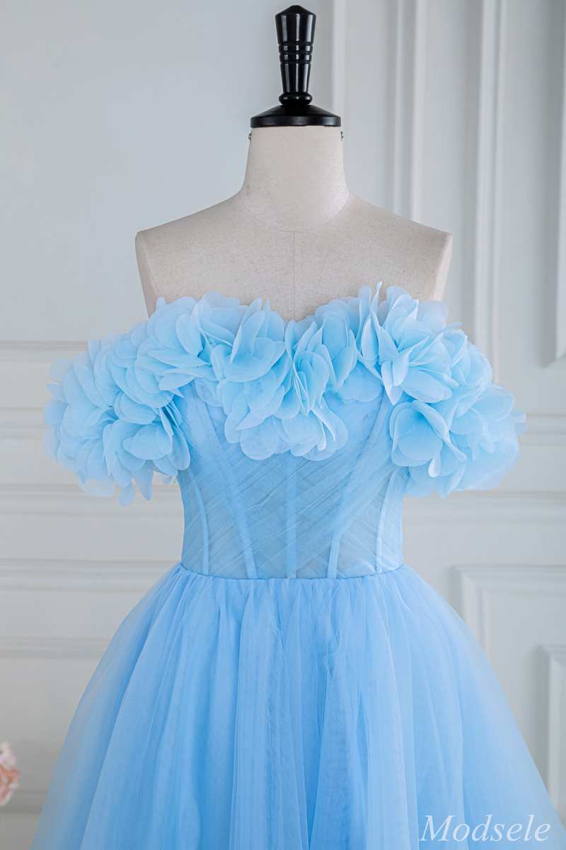 Blue Floral Petal Appliques Off-the-Shoulder A-Line Long Prom Dress