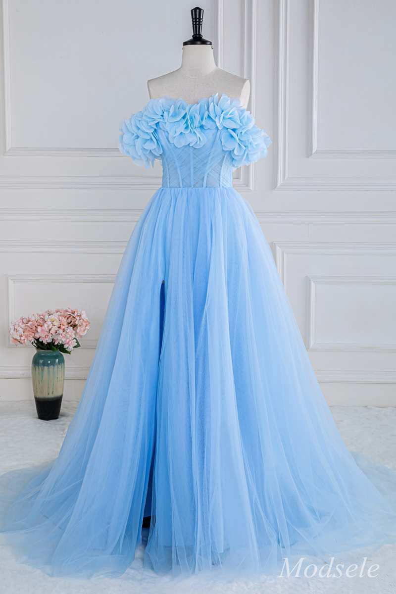 Blue Floral Petal Appliques Off-the-Shoulder A-Line Long Prom Dress Modsele Blue Floral Petal Appliques Off-the-Shoulder A-Line Long Prom Dress Modsele