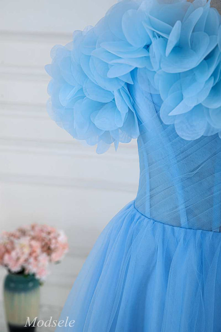 Blue Floral Petal Appliques Off-the-Shoulder A-Line Long Prom Dress