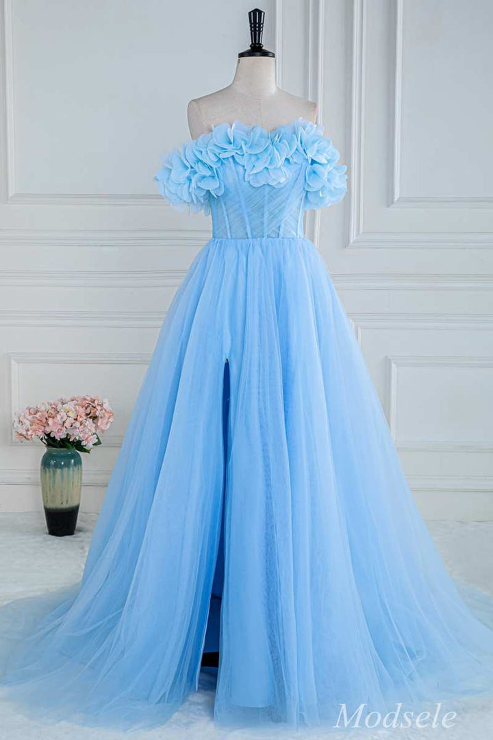 Blue Floral Petal Appliques Off-the-Shoulder A-Line Long Prom Dress