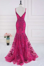 Magenta Sequin Appliques V-Neck Trumpet Long Gown