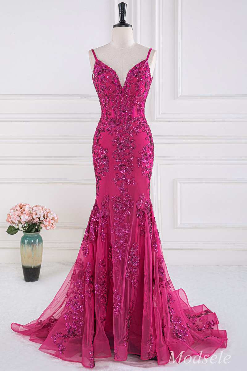 Magenta Sequin Appliques V-Neck Trumpet Long Gown