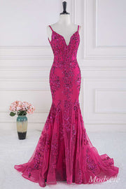 Magenta Sequin Appliques V-Neck Trumpet Long Gown