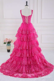 Fuchsia Tulle Sequin Sweetheart Ruffle Multi-Layer Ball Gown