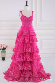 Fuchsia Tulle Sequin Sweetheart Ruffle Multi-Layer Ball Gown