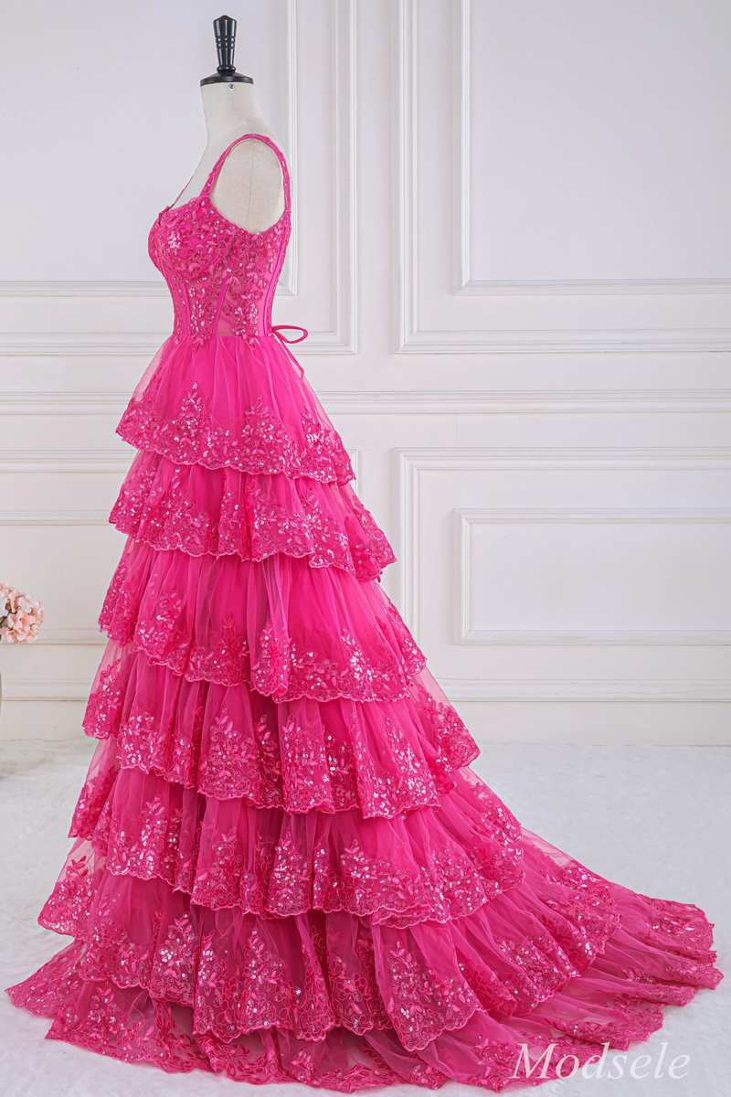 Fuchsia Tulle Sequin Sweetheart Ruffle Multi-Layer Ball Gown