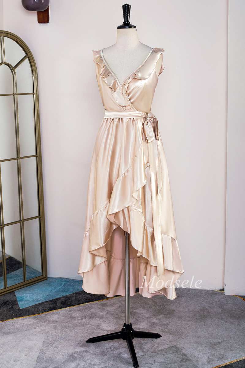 Champagne Surplice Backless High-Low Formal Dress