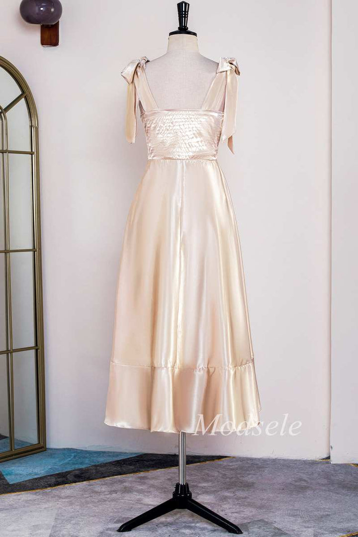 Champagne Bow Strap Ruffle A-Line Formal Dress