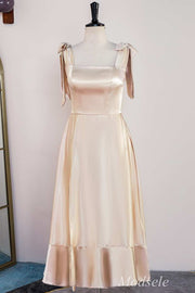 Champagne Bow Strap Ruffle A-Line Formal Dress