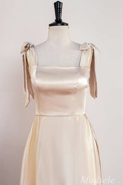 Champagne Bow Strap Ruffle A-Line Formal Dress