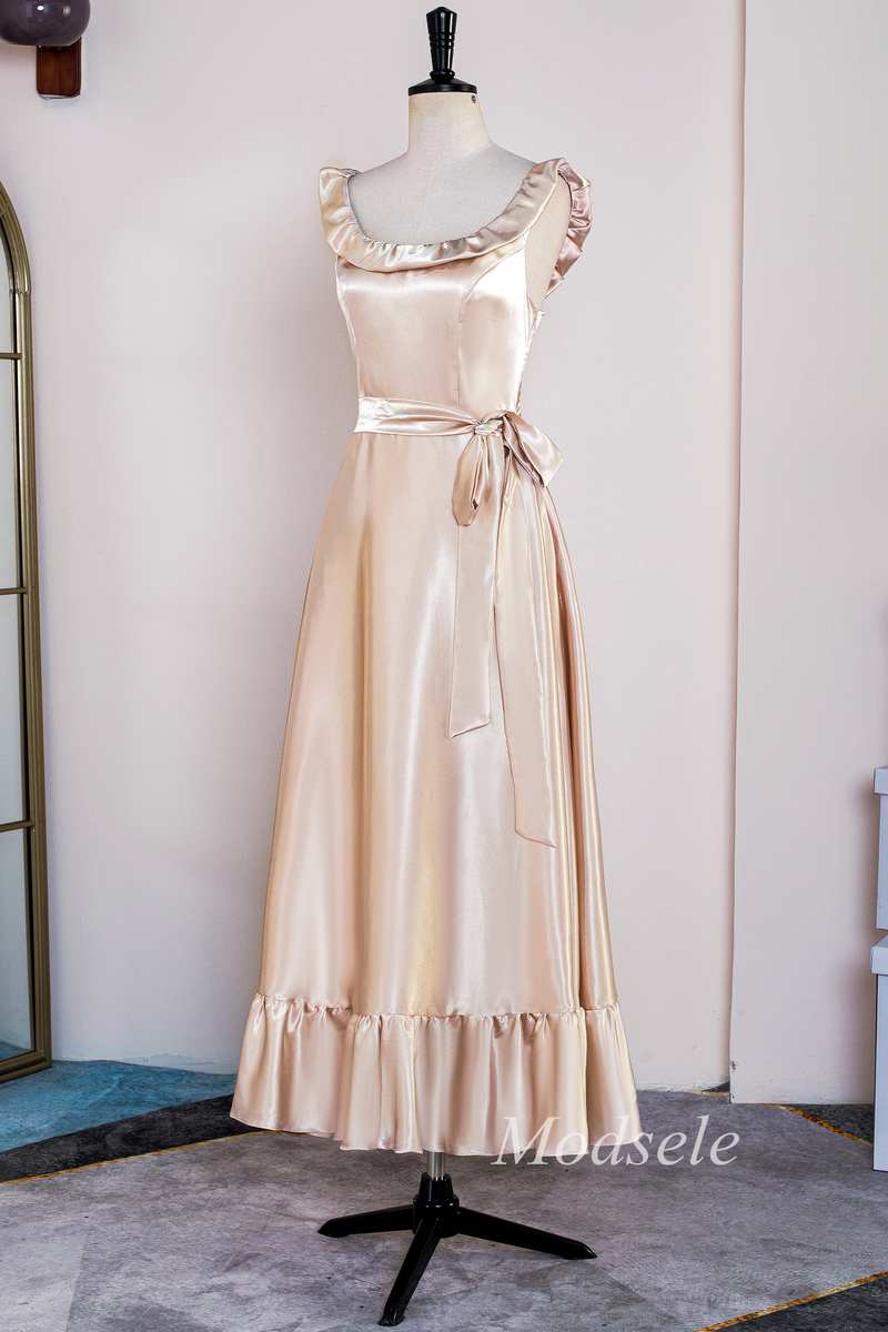 Champagne Round Neck Ruffle Backless A-Line Long Dress