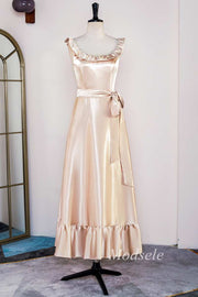 Champagne Round Neck Ruffle Backless A-Line Long Dress