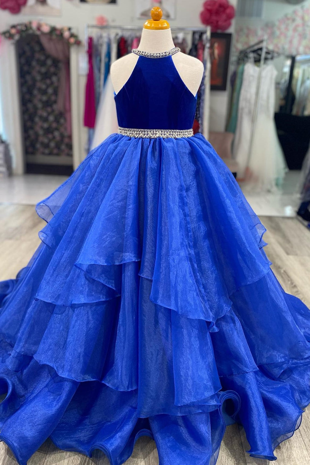 Royal Blue Velvet Halter Multi-Layer Girl Pageant Dress – Modsele