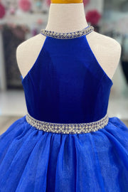 Royal Blue Velvet Halter Multi-Layer Girl Pageant Dress
