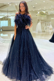 Navy Tulle Sequin Strapless A-Line Long Prom Dress with Feathers