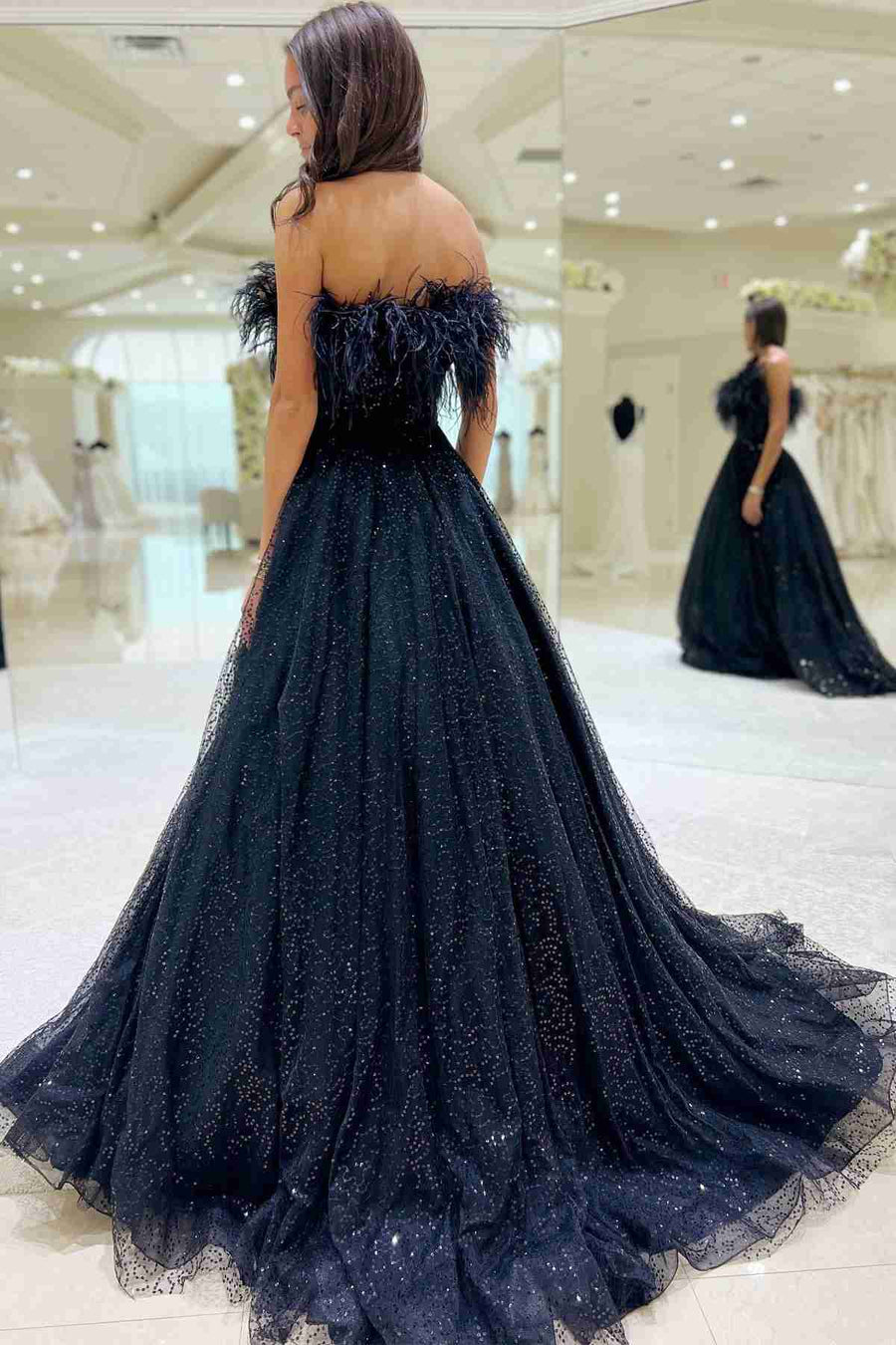 Navy Tulle Sequin Strapless A-Line Long Prom Dress with Feathers