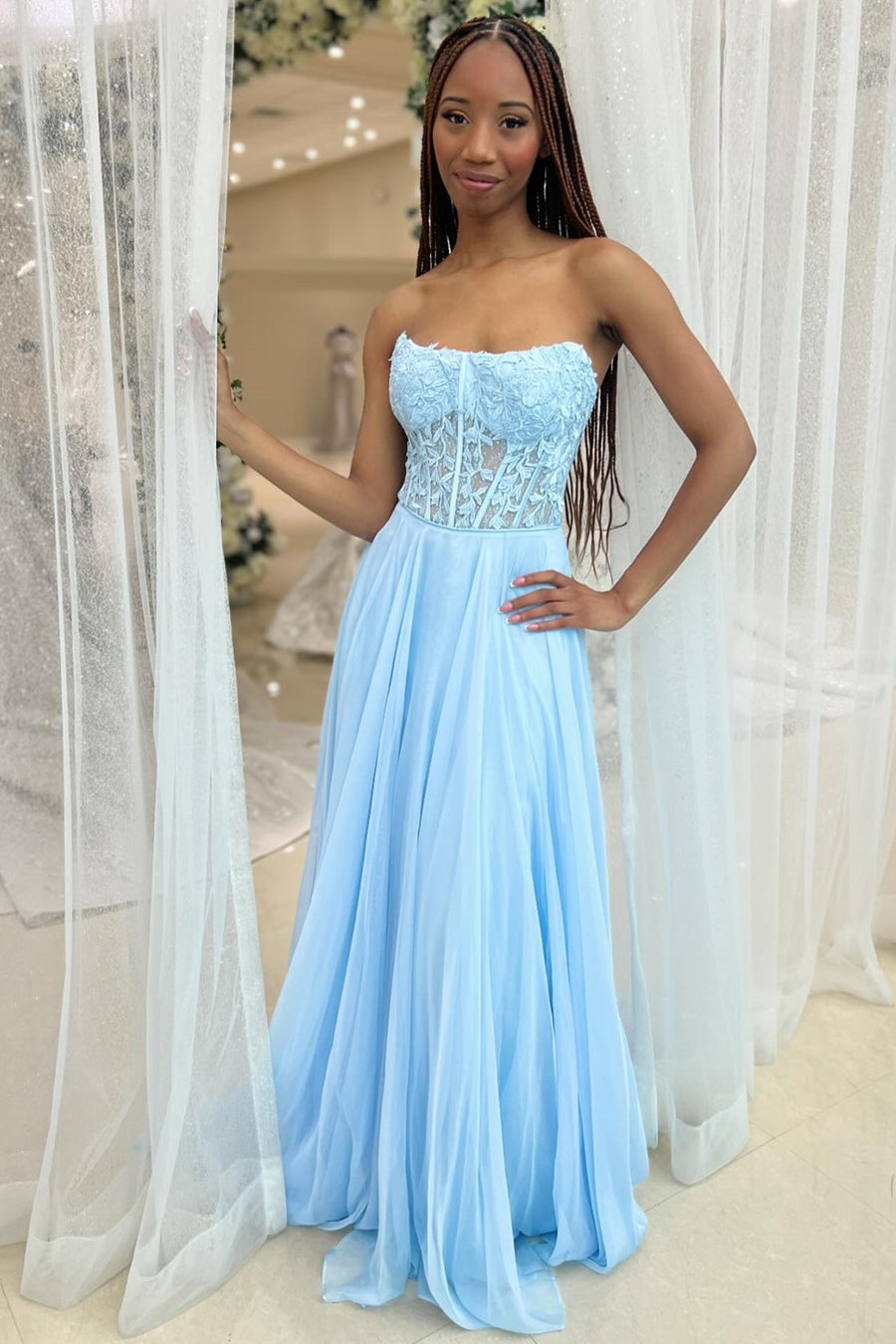 Chiffon Appliques Strapless A-Line Long Prom Dress in light blue