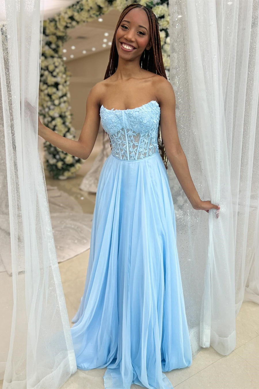 Chiffon Appliques Strapless A-Line Long Prom Dress in light blue