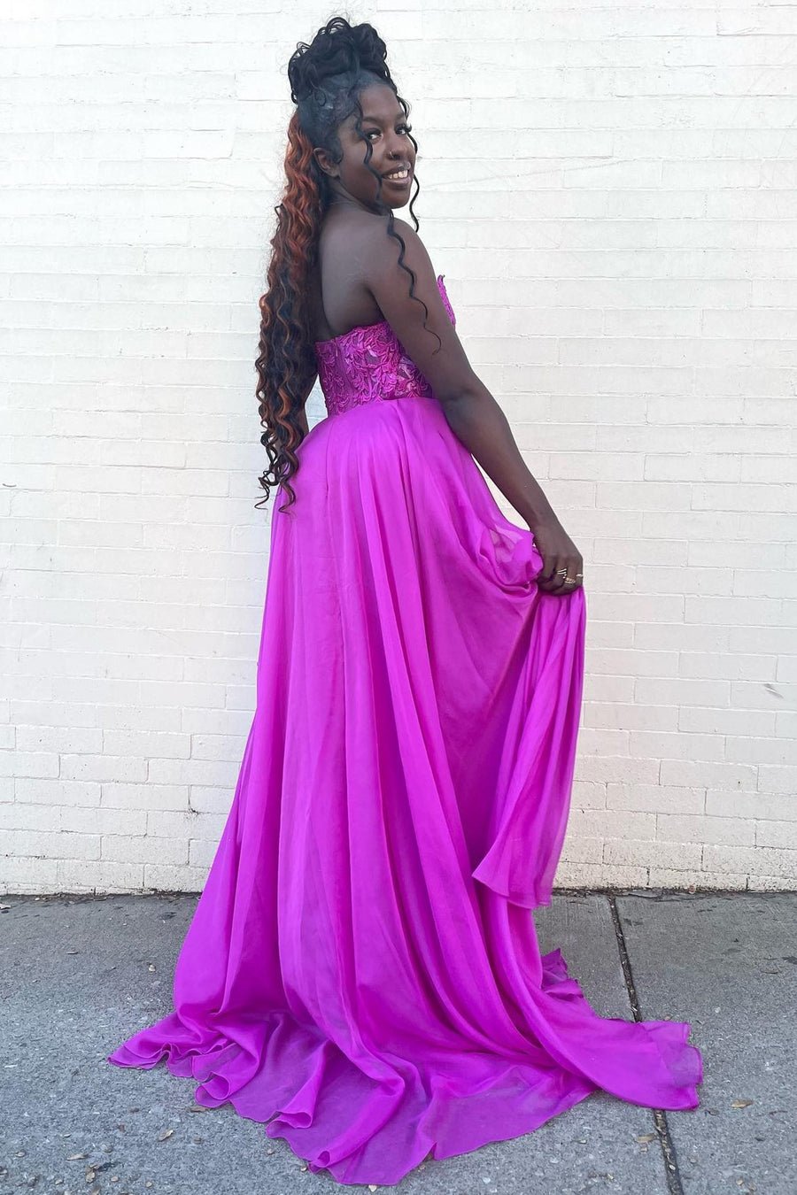 back of Chiffon Appliques Strapless A-Line Long Prom Dress in magenta