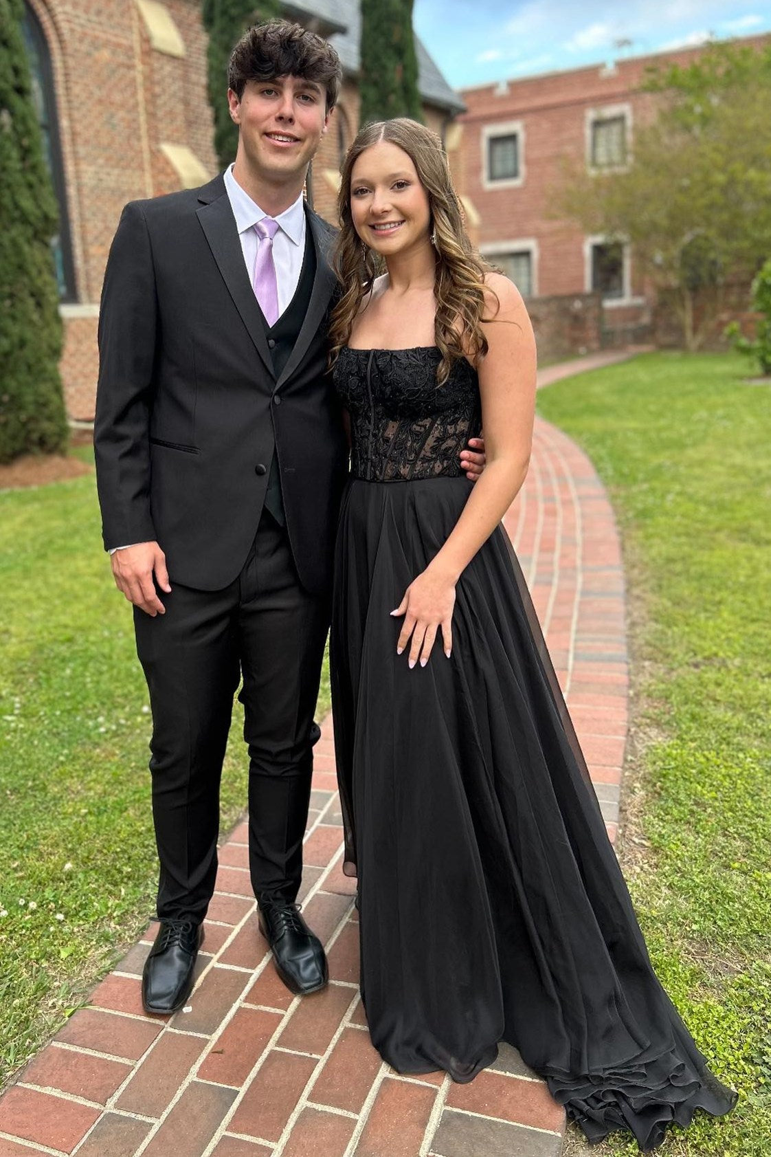 Chiffon Appliques Strapless A-Line Long Prom Dress in black