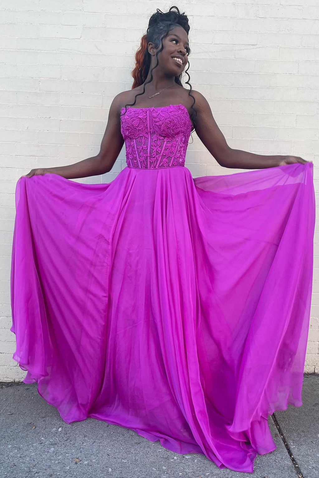 Magenta Floral Lace Straps A-Line Prom Dress