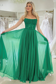 Chiffon Appliques Strapless A-Line Long Prom Dress in green