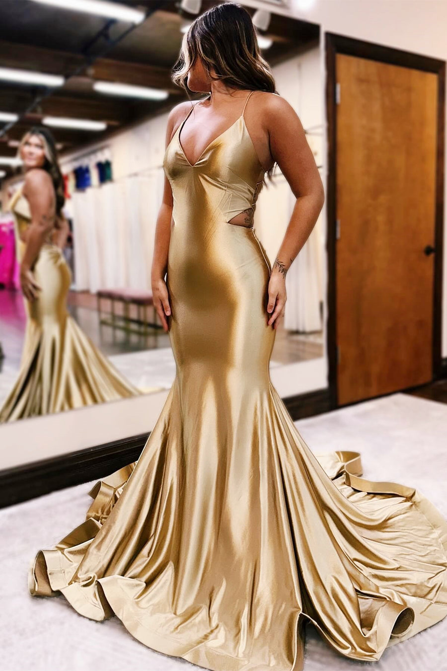 Gold V-Neck Lace-Up Trumpet Long Formal Dress Modsele Gold V-Neck Lace-Up Trumpet Long Formal Dress Modsele