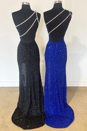 One-Shoulder Sequin Rhinestone Keyhole Long Dress with Slit