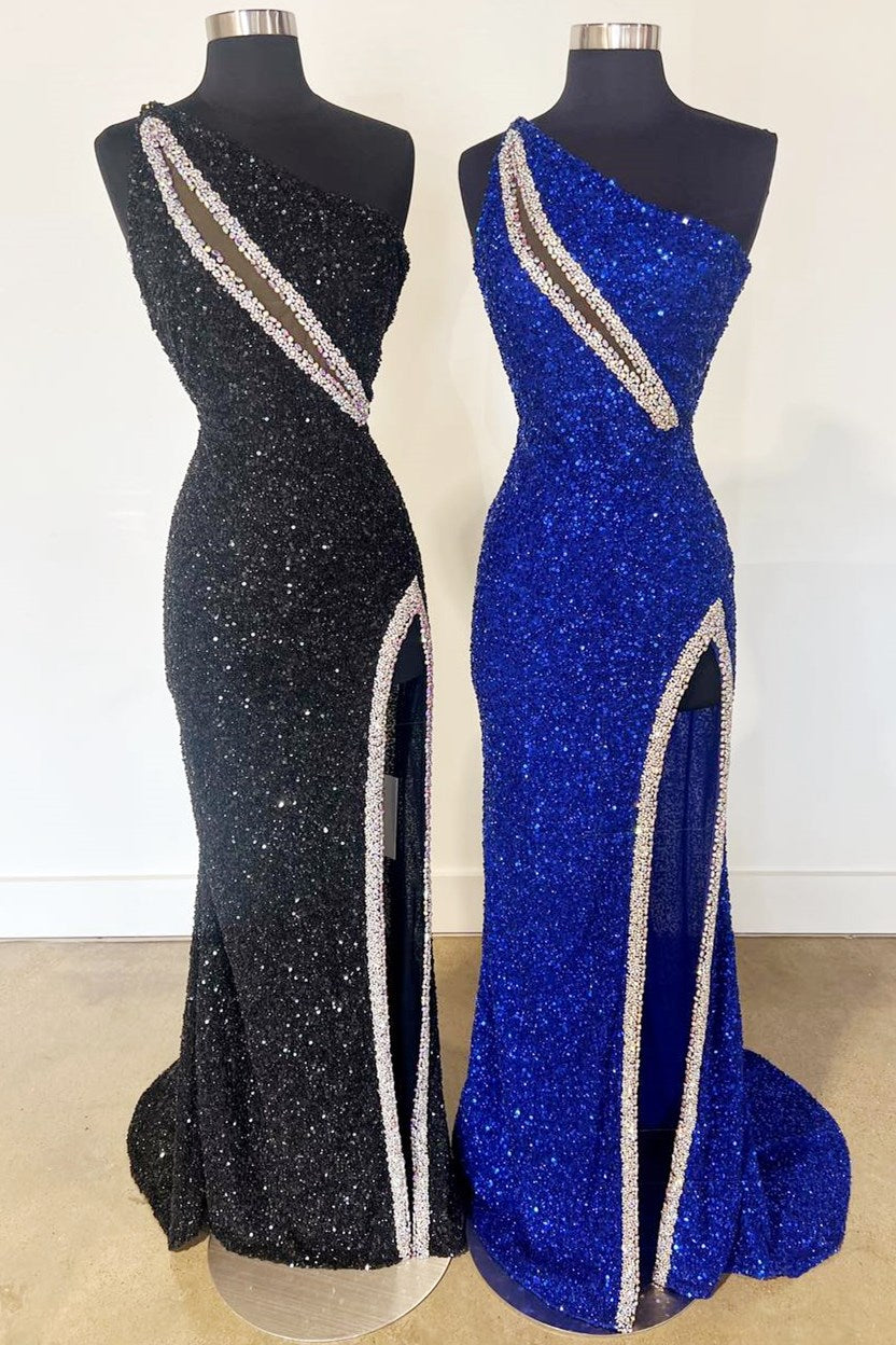 One-Shoulder Sequin Rhinestone Keyhole Long Dress with Slit – Modsele