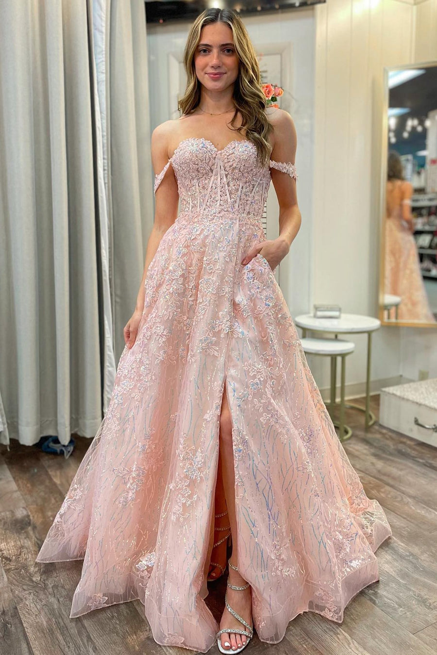 Pink Appliques Off-the-Shoulder A-Line Long Prom Dress
