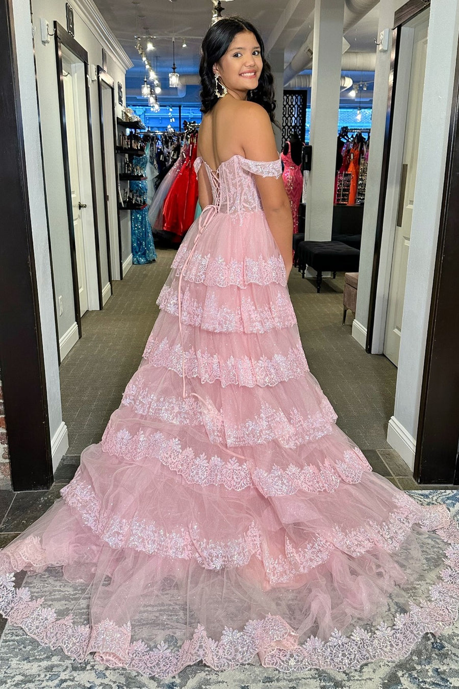 Pink Sequin Appliques Off-the-Shoulder Ruffle Tiered Long Gown