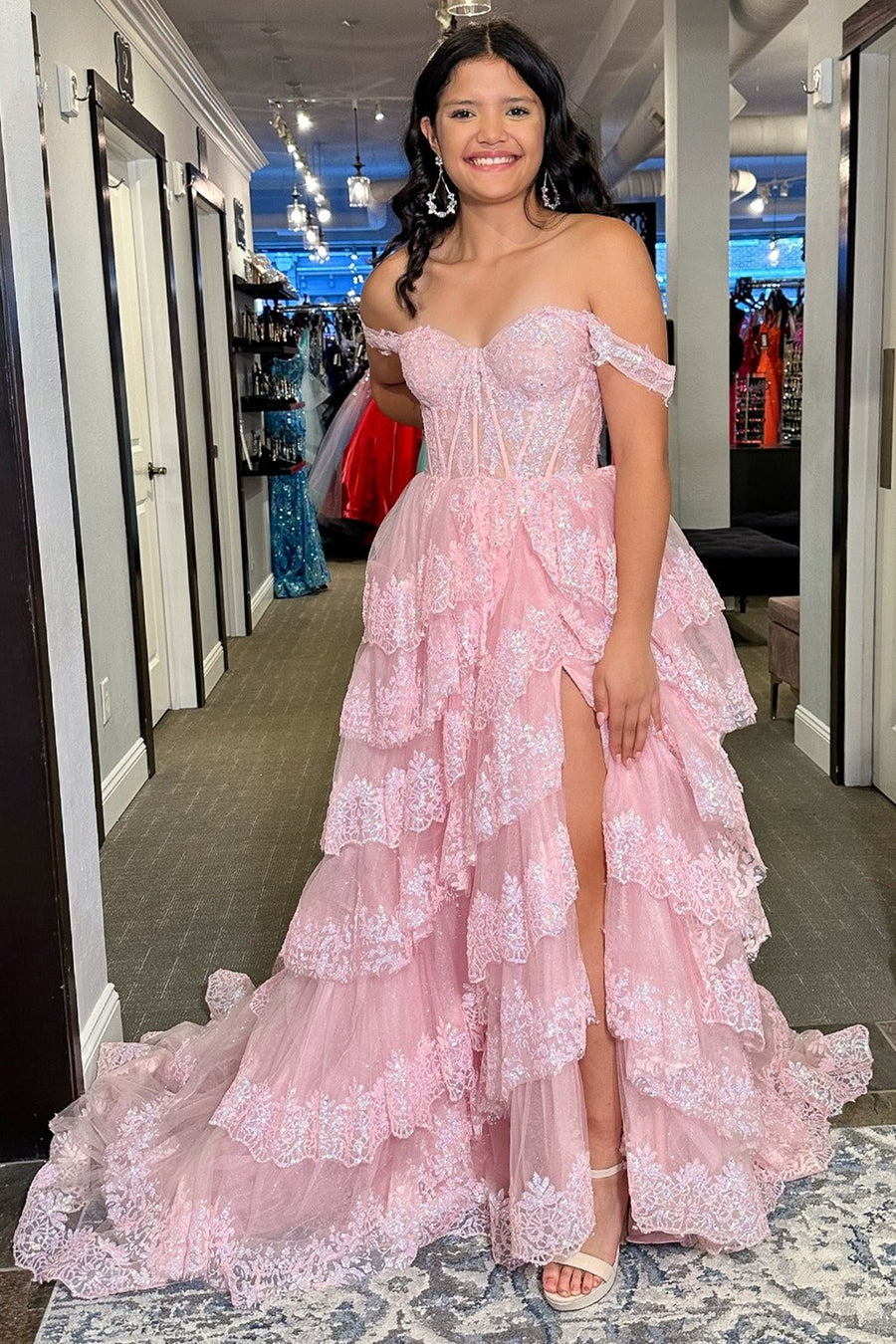 Pink Sequin Appliques Off-the-Shoulder Ruffle Tiered Long Gown