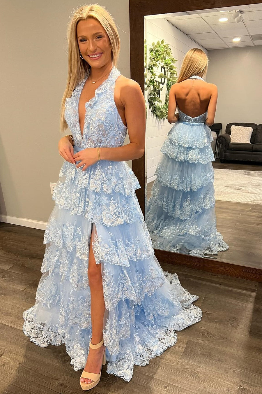 Light Blue Tulle Appliques Halter Ruffle Tiered Long Prom Dress