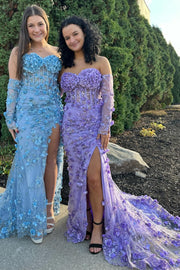 3D Floral Lace Strapless Long Prom Dress with Detachable Sleeves