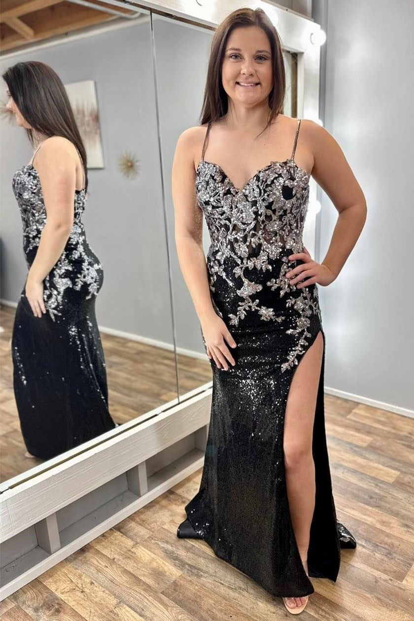 Black Sequin Appliques Spaghetti Strap Long Prom Dress with Slit