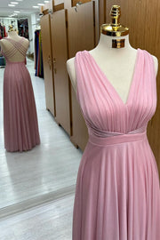 Pink V-Neck Cross-Back A-Line Long Formal Dress